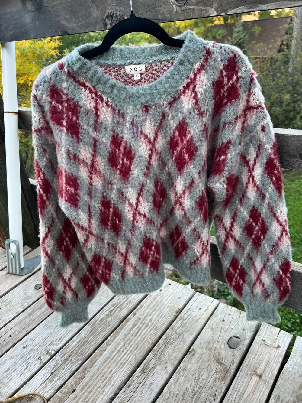 POL Red & Light Gray/Blue-Green Diamond Pattern Cozy Sweater